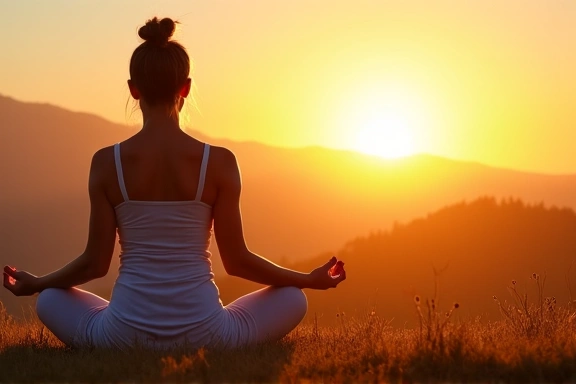 Mujer joven haciendo yoga al amanecer, simbolizando bienestar y equilibrio.