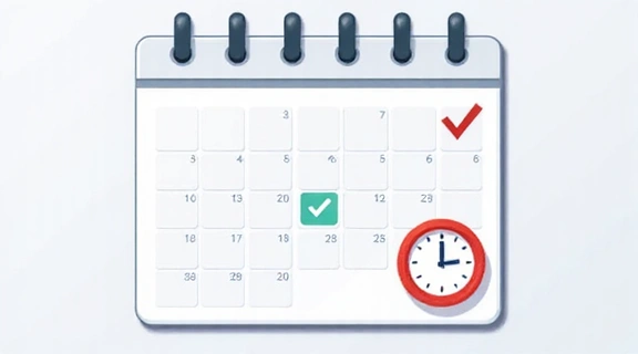 Calendario con una marca de verificación y un reloj para indicar una cita confirmada